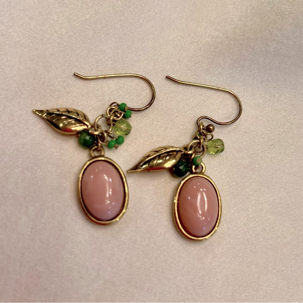 Cute Gold Tone and Pink/Green Dangle Earrings